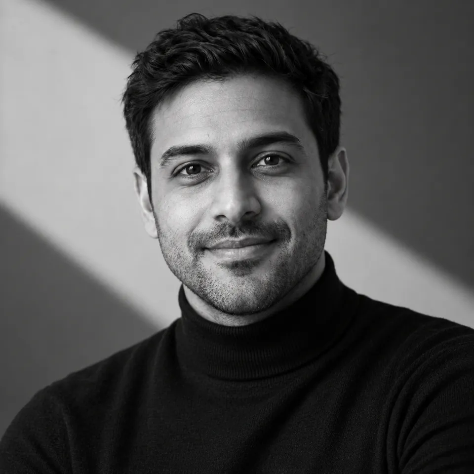 Black-and-white editorial: an example generated result showing a fictional person
