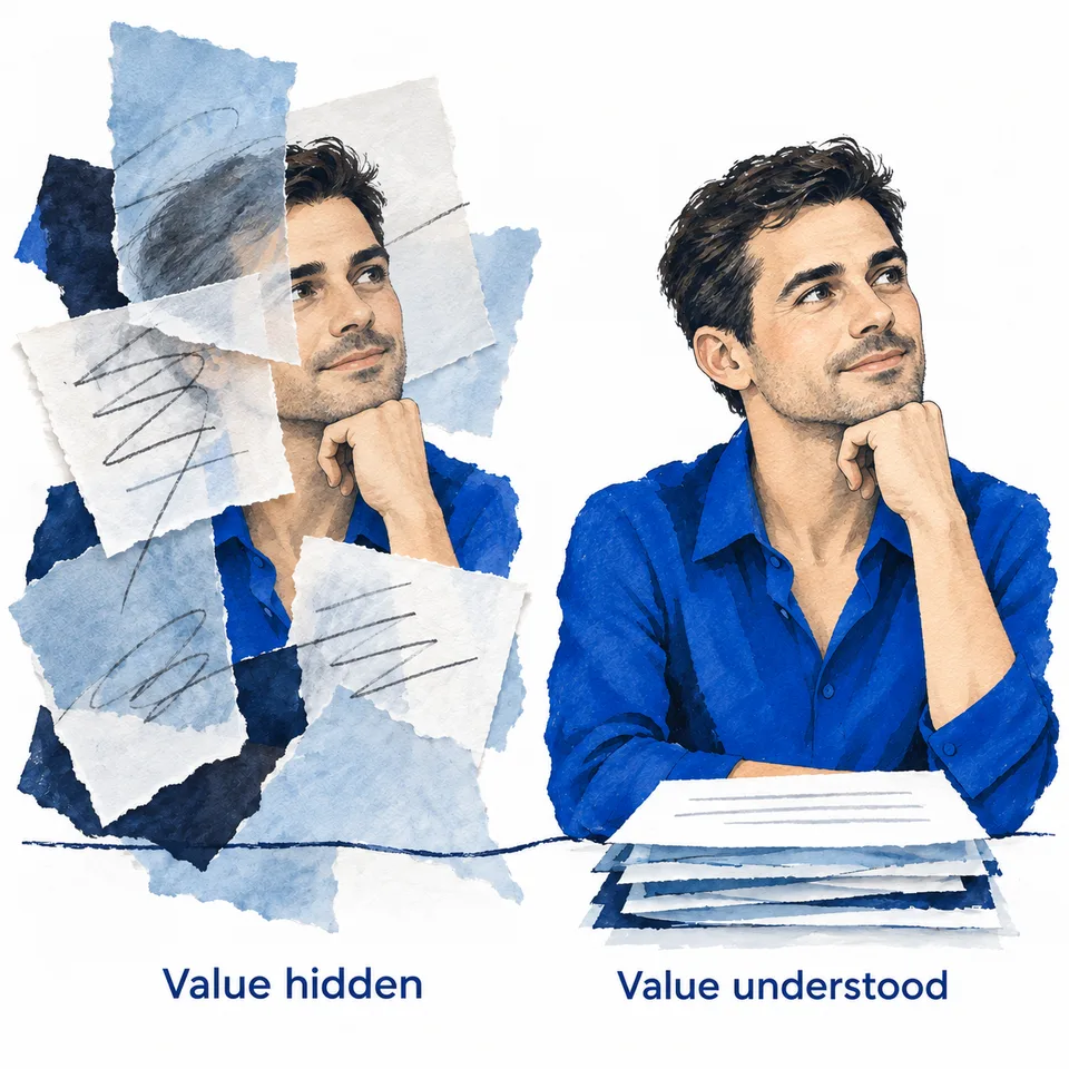 Left: a man half hidden behind torn watercolour pages, labelled Value hidden. Right: the same man seated confidently behind a neat stack of pages, labelled Value understood.
